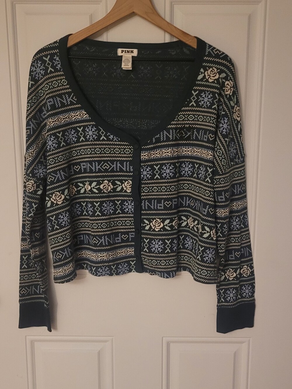 Pink By Victoria's Secret Winter Fair Isle Cardigan Size Large, Green & White